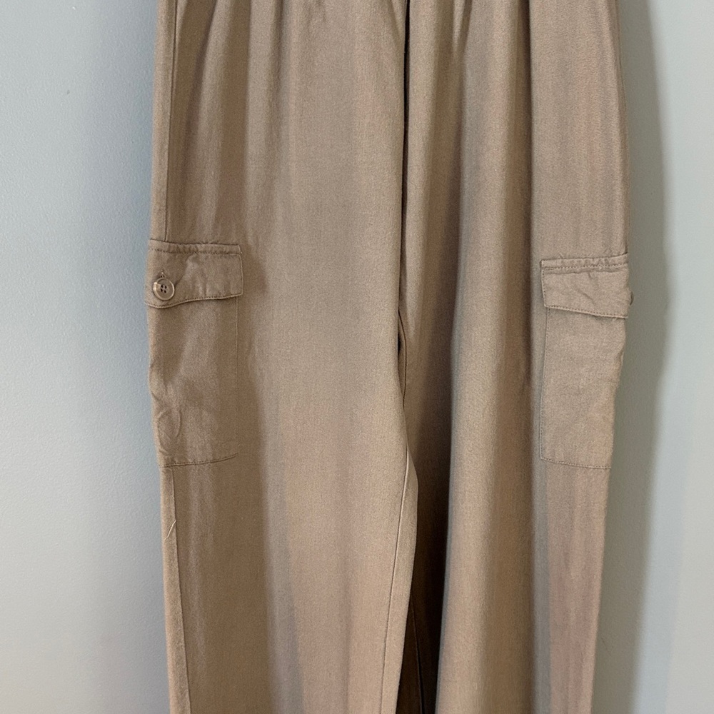 Tan Wide-Leg Cargo Pants Cotton Linen Size Large Wicked Nice - Picture 3 of 12